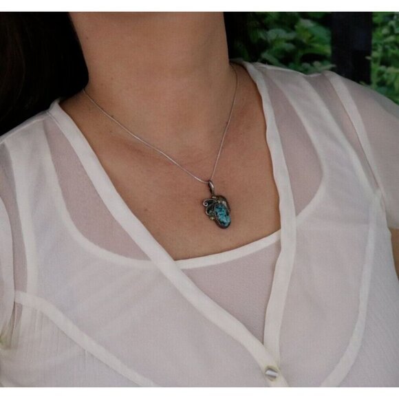 Pendant Only Sterling Silver Robert Chee Natural Turquoise Pendant 1 1/2" x 3/4" - Picture 3 of 6